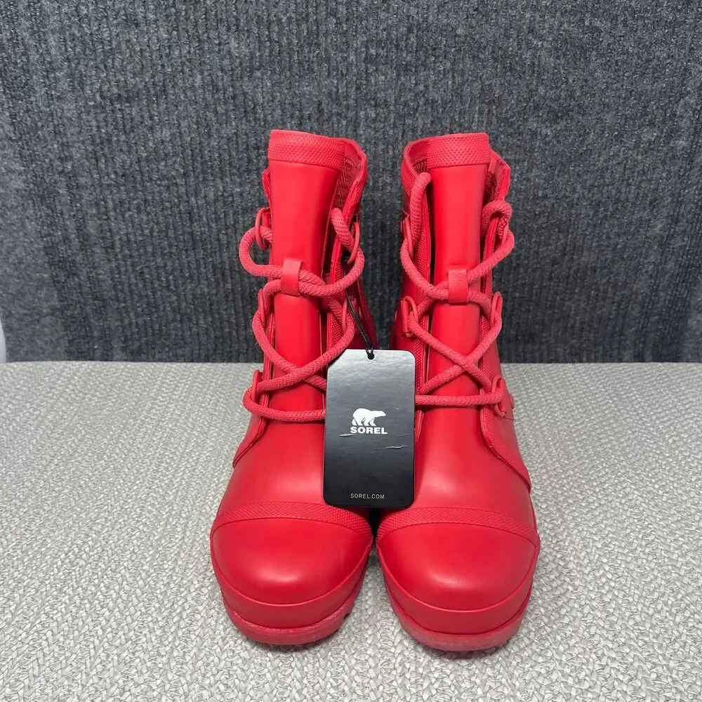 NEW Sorel Joan Rain Wedge Rubber Boots Red Lace Up Womens 7.5 NL2442-622